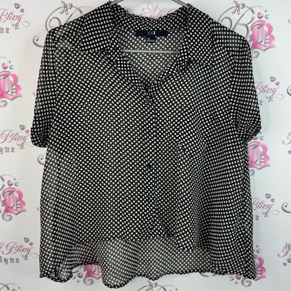 Forever 21 tshirt button up dotted Black and White Polka Dot Blouse